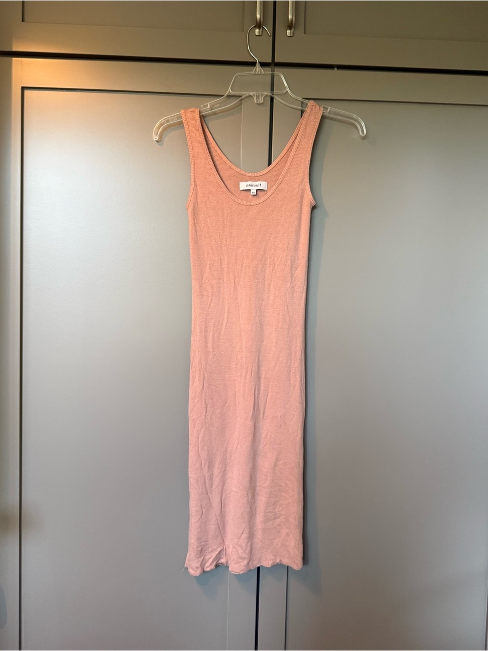 Maison T Sleeveless Ribbed Midi Dress in Blush Pink with raw hem on bottom